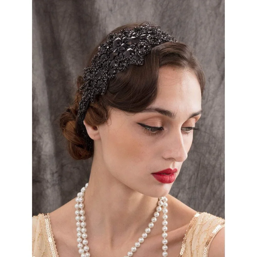 Black Rhinestone Flapper Headband Elastic 1920s Hair Accessories for Women